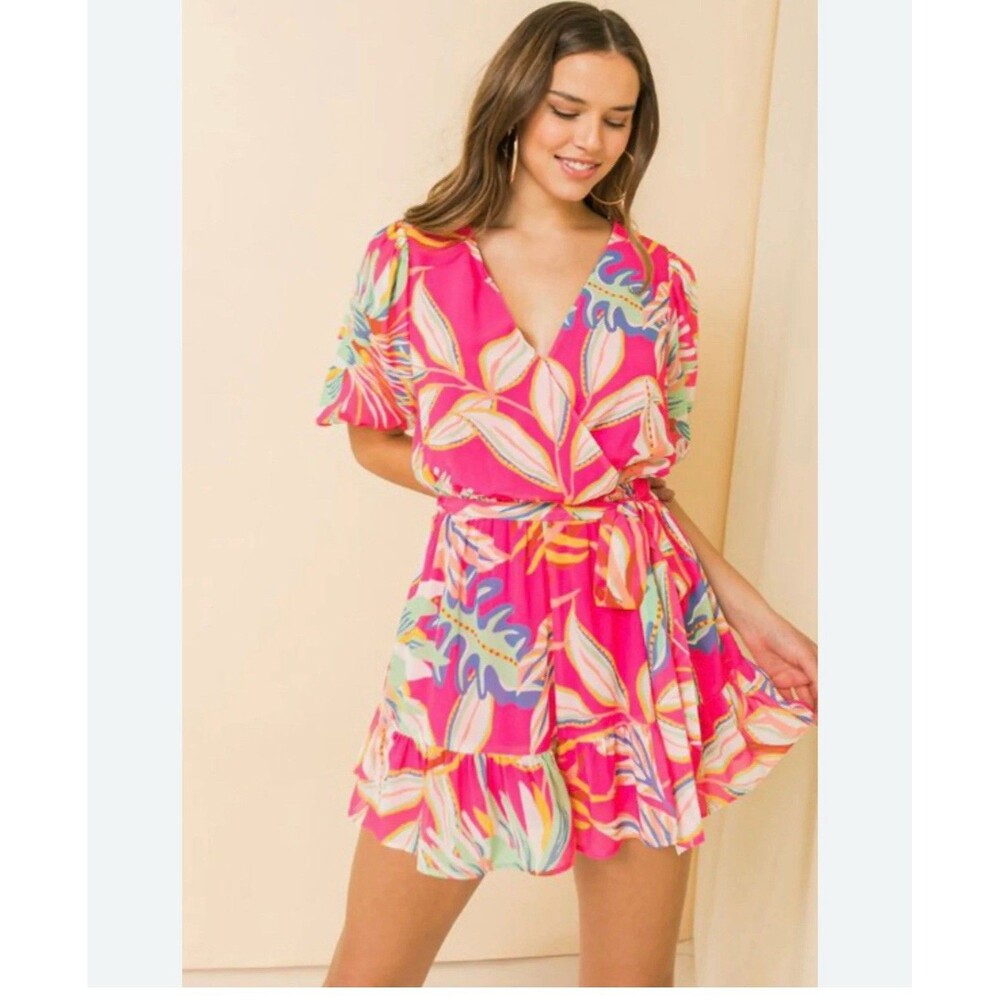 Flying Tomato Sz Small Dress Wrap Flounce Ruffle Tropical Floral Pink Print